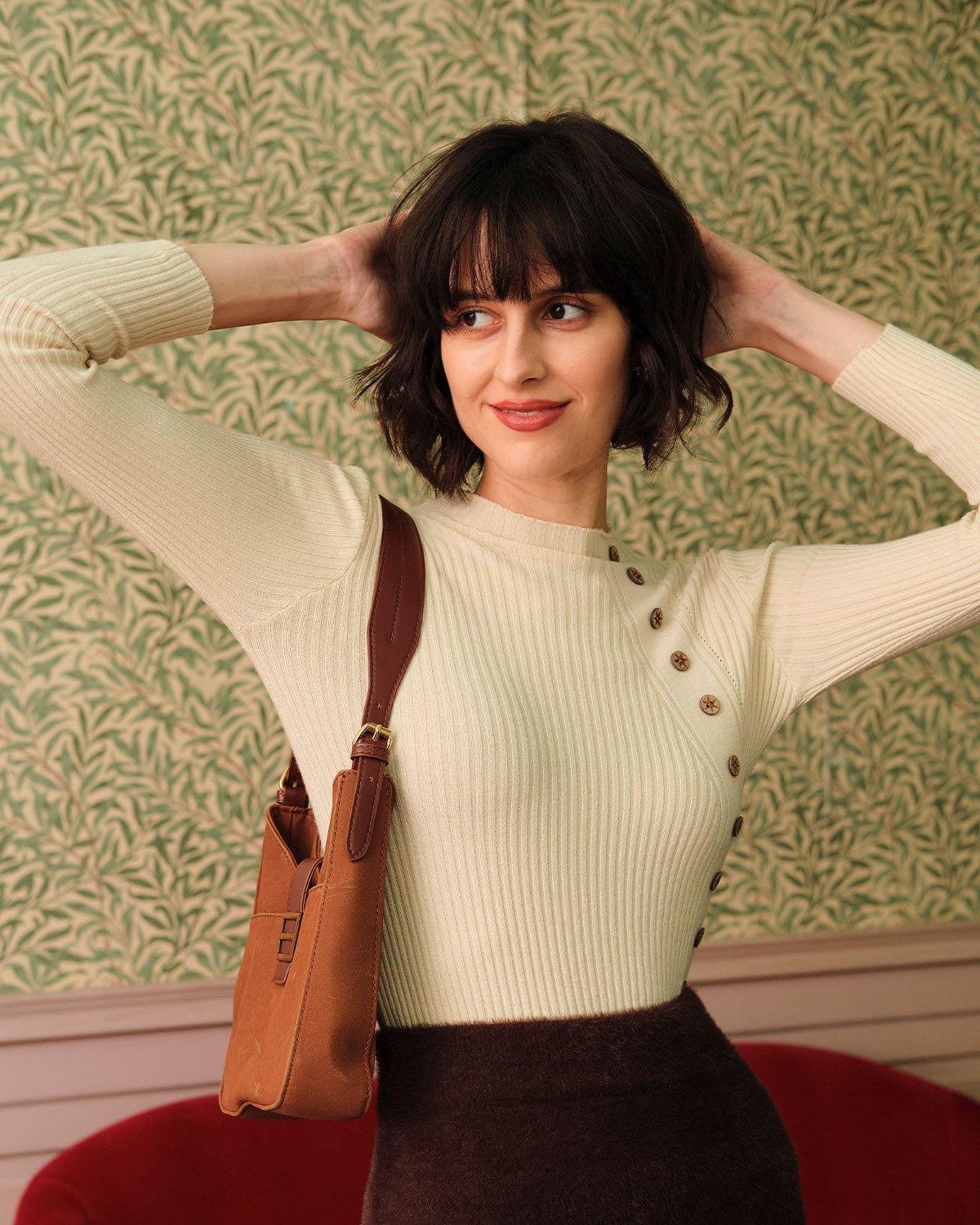 The Beige Mock Neck Ribbed Knit Top Female Product Image