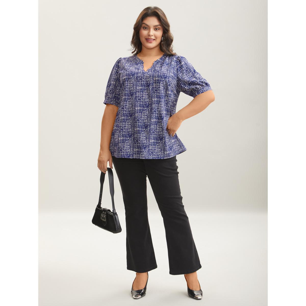 Plus Size DarkBlue Geometric Print Puff Sleeve Blouse Women Office Short sleeve Flat collar with V-notch Office Blouses BloomChic 14-16/1X Product Image