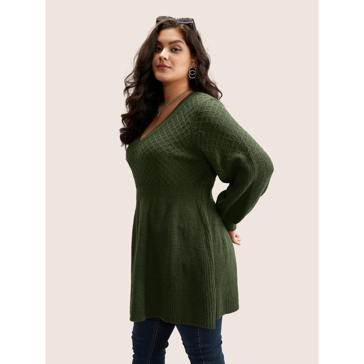 Plus Size Plain Plisse Lantern Sleeve A Line Pullover Scarlet Women Timeless Long Sleeve V-neck Elegant Pullovers BloomChic 28/5X Product Image