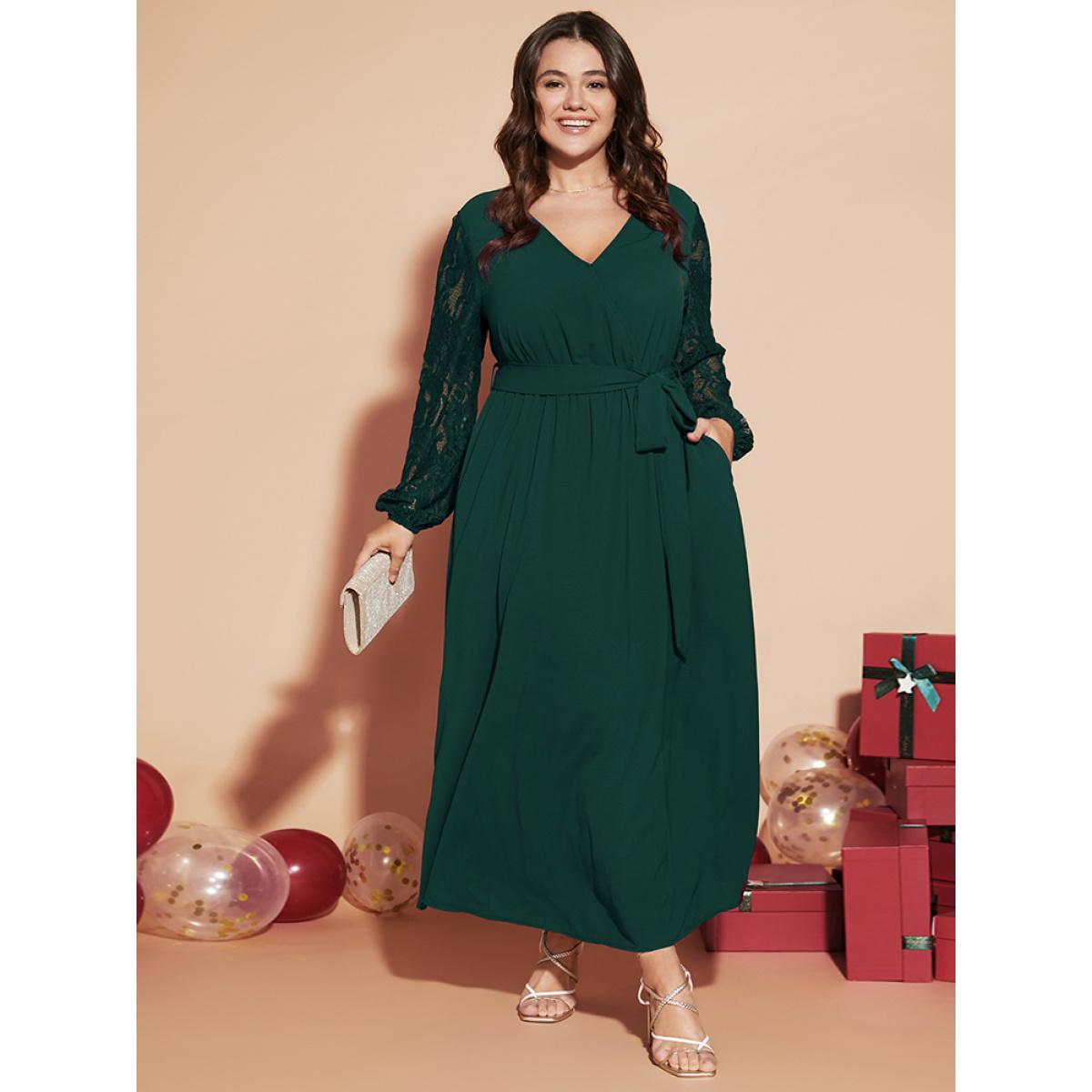 Plus Size Solid Wrap Pocket Lantern Sleeve Lace Belted Maxi Dress DarkGreen Women Elegant V-neck Long Sleeve Curvy Long Dress BloomChic 14-16/1X Product Image