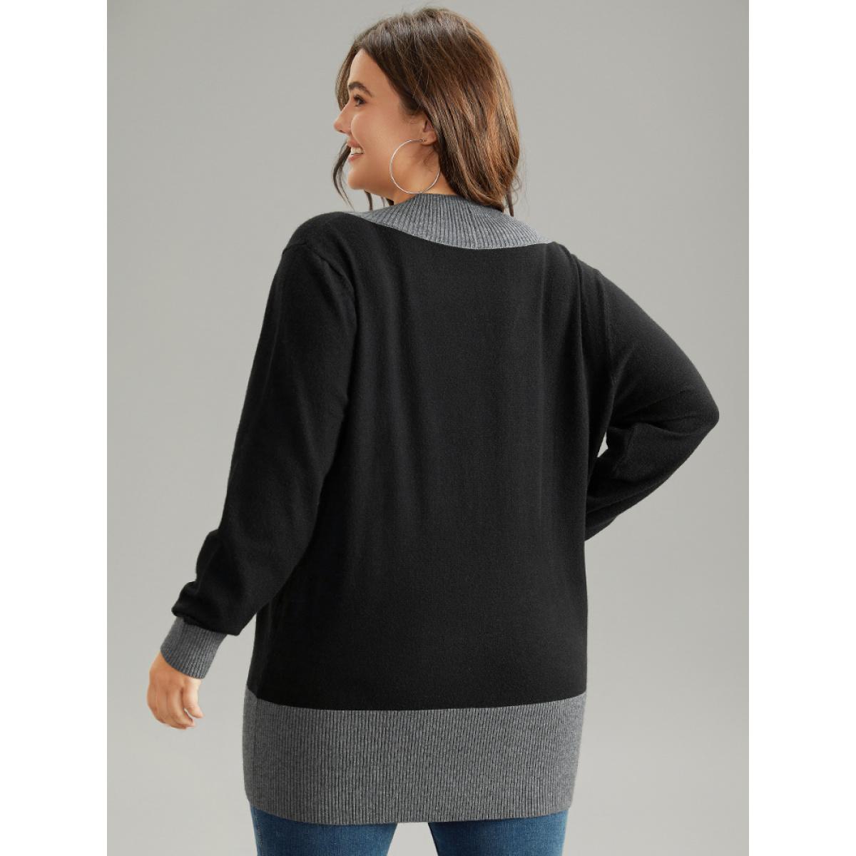 Plus Size Supersoft Essentials Contrast Deep V Neck Button Detail Pullover Black Women Casual Long Sleeve Deep V-neck Everyday Pullovers BloomChic 30/6X Product Image