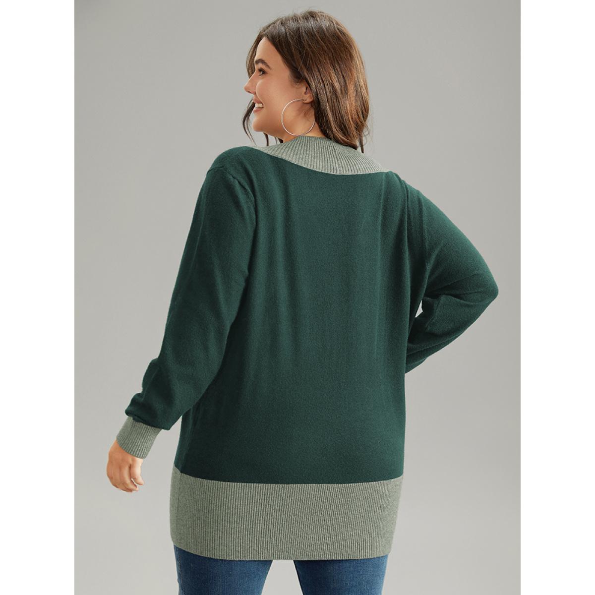 Plus Size Supersoft Essentials Contrast Deep V Neck Button Detail Pullover DarkGreen Women Casual Long Sleeve Deep V-neck Everyday Pullovers BloomChic 10/M Product Image