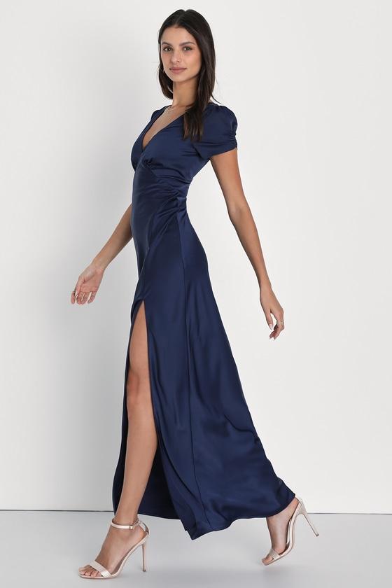Epitome of Romance Navy Blue Satin Puff Sleeve Maxi Dress Product Image