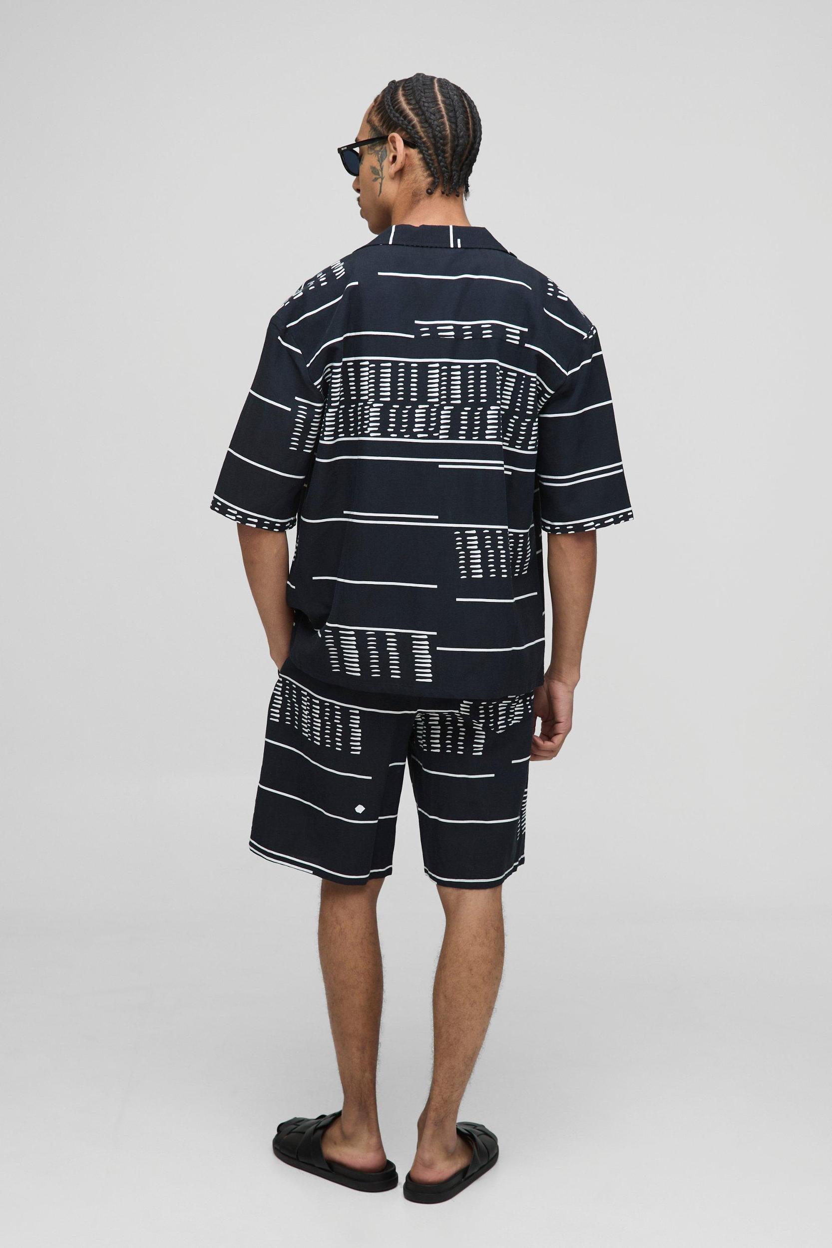 Oversized Drop Revere Printed Linen Blend Shirt & Short Set | boohooMAN USA Product Image