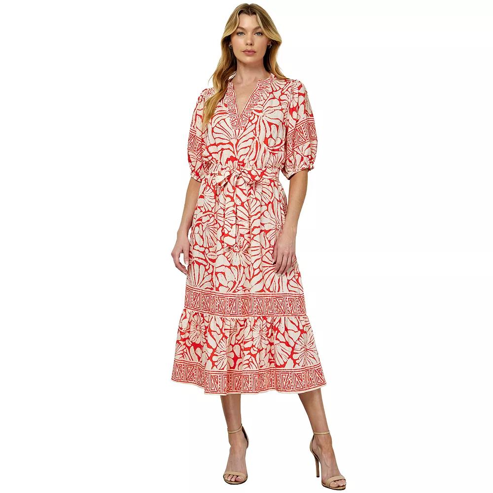Women's Figueroa & Flower Printed Fit & Flare V-Neck Peasant Dress, Size: Medium, Ivory Orange Product Image