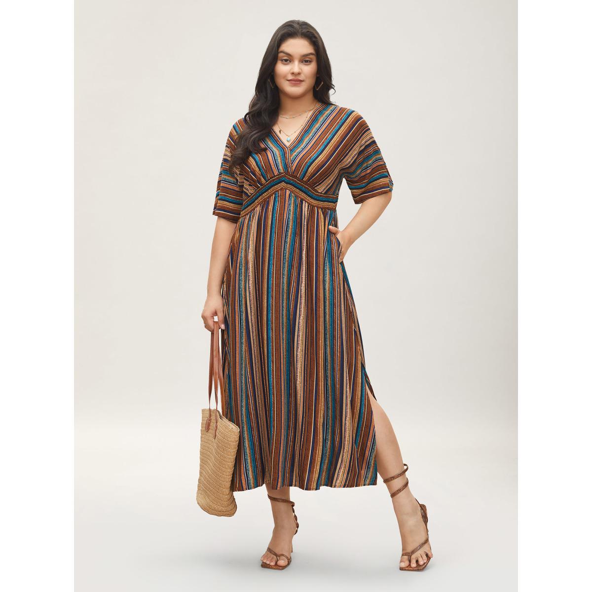 Plus Size Striped Contrast Dolman Sleeve Shirred Pocket Split Flutter Dress Multicolor Women Boho Non V-neck Half Sleeve Curvy BloomChic 12/L Product Image