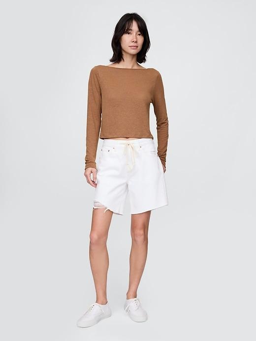Linen-Blend Boatneck Crop T-Shirt Product Image