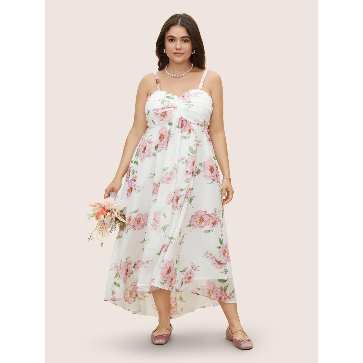 Plus Size Floral Mesh Ruched Adjustable Straps Dress Pink Women Formal Gathered Non Sleeveless Curvy BloomChic 14-16/1X Product Image