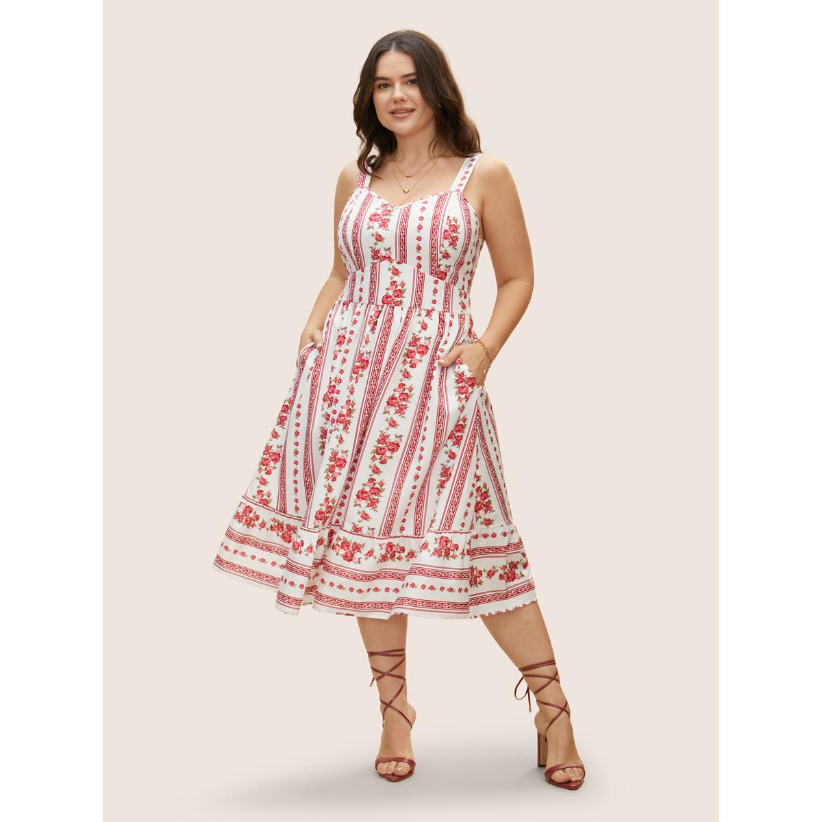 Plus Size Heart Neckline Boho Print Shirred Cami Midi Dress Originalwhite Women Elegant Shirred Heart neckline Sleeveless Curvy BloomChic 28/5X Product Image