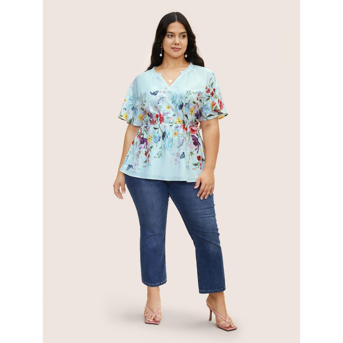Plus Size Skyblue Floral Flat Collar With V Notch Frill Trim Blouse Women Elegant Short sleeve Flat collar with V-notch Everyday Blouses BloomChic 28/5X Product Image