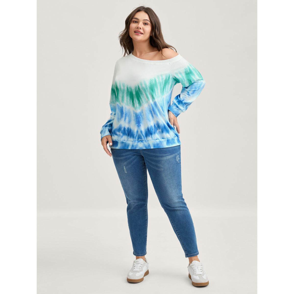 Plus Size Tie-Dye One-Shoulder Sweatshirt Women Mediumblue Leisure Asymmetrical Neck Casual Sweatshirts BloomChic 26/4X Product Image