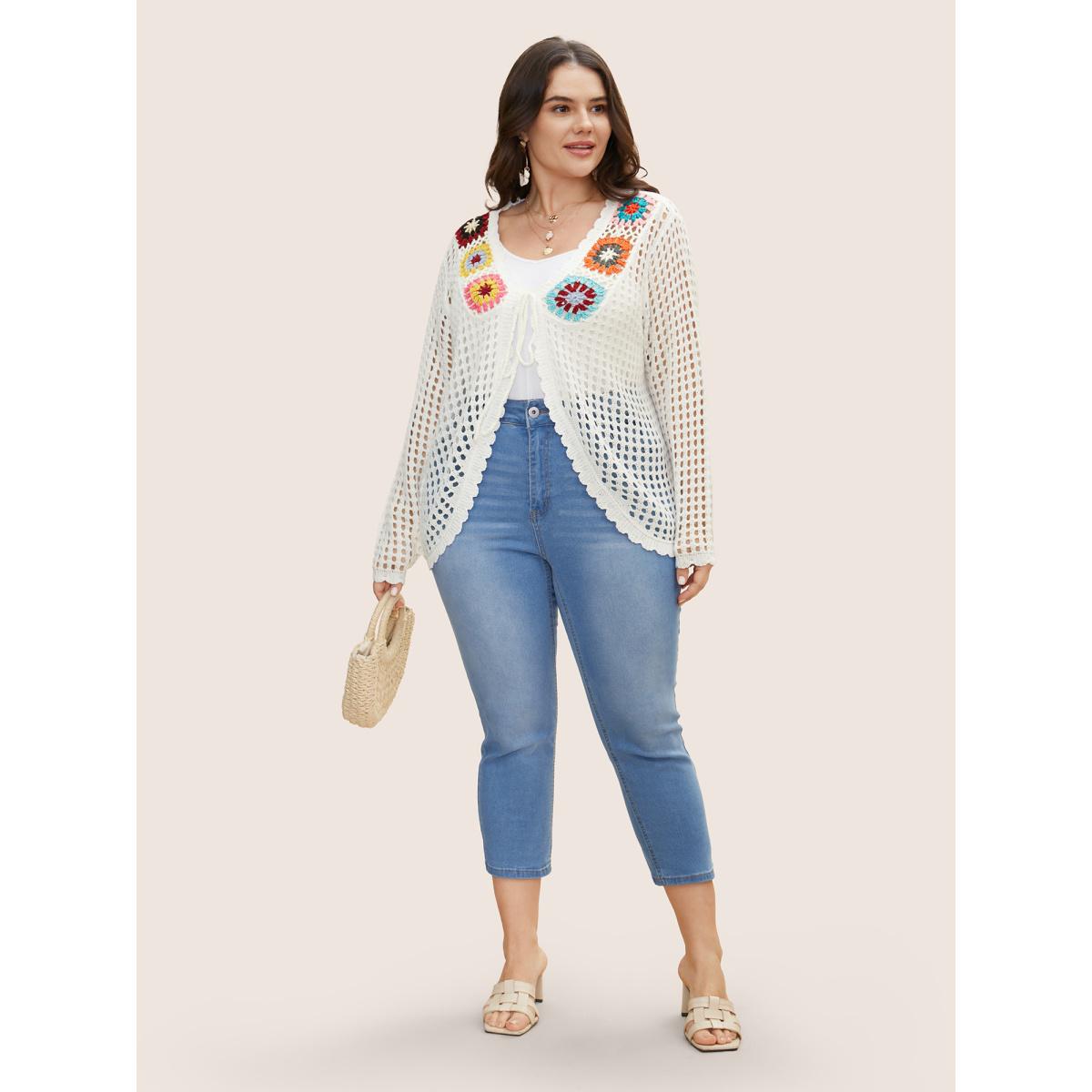 Plus Size Crochet Floral Cut Out Tie Knot Cover Up Ivory Women Vacation Beach Cover Ups Bloomchic 18-20/2X Product Image