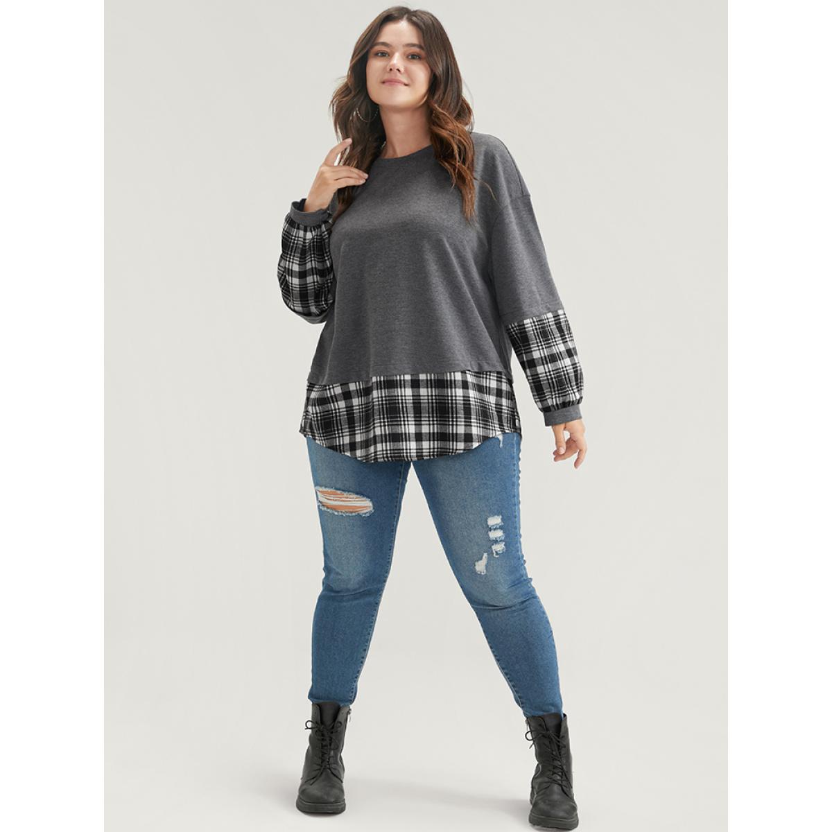 Plus Size Plaid Patchwork Round Neck Arc Hem Sweatshirt Women DimGray Casual Contrast Round Neck Dailywear Sweatshirts BloomChic 18-20/2X Product Image