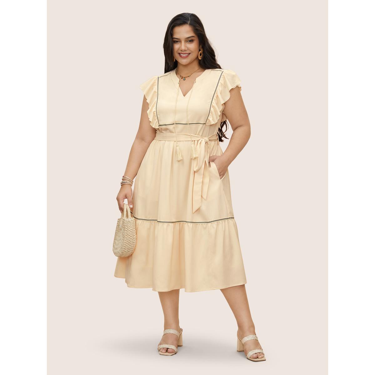 Plus Size Notch Ruffle Cap Sleeve Woven Ribbon Tassels Dress Apricot Women Resort Woven ribbon&lace trim Flat collar with V-notch Cap Sleeve Curvy Midi Dress BloomChic 22-24/3X Product Image