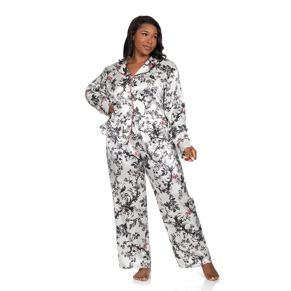 Plus Size Lilac+London Satin Notch Collar Pajama Top & Pajama Bottoms Set, Women's, Size: 1XL, Ivory Black Product Image