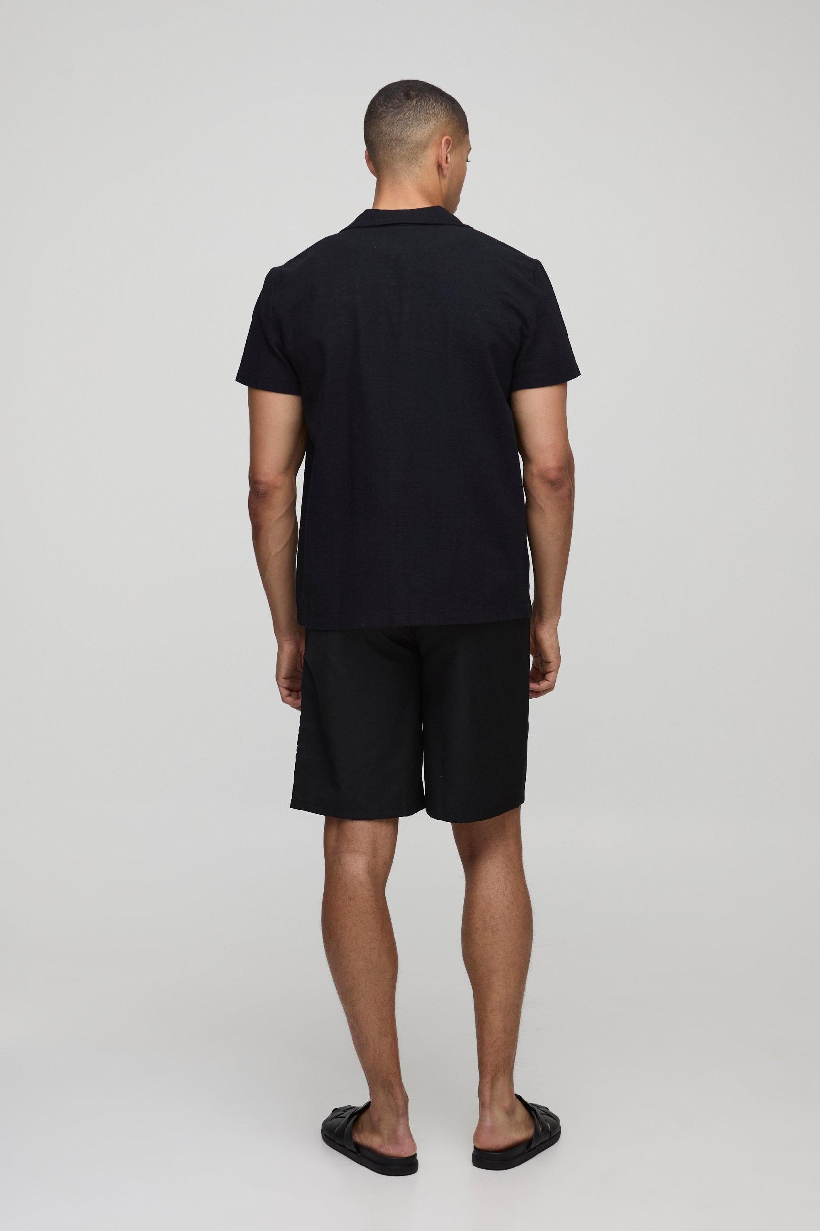 Regular Fit Linen Look Revere Short Sleeve Shirt | boohooMAN USA Product Image