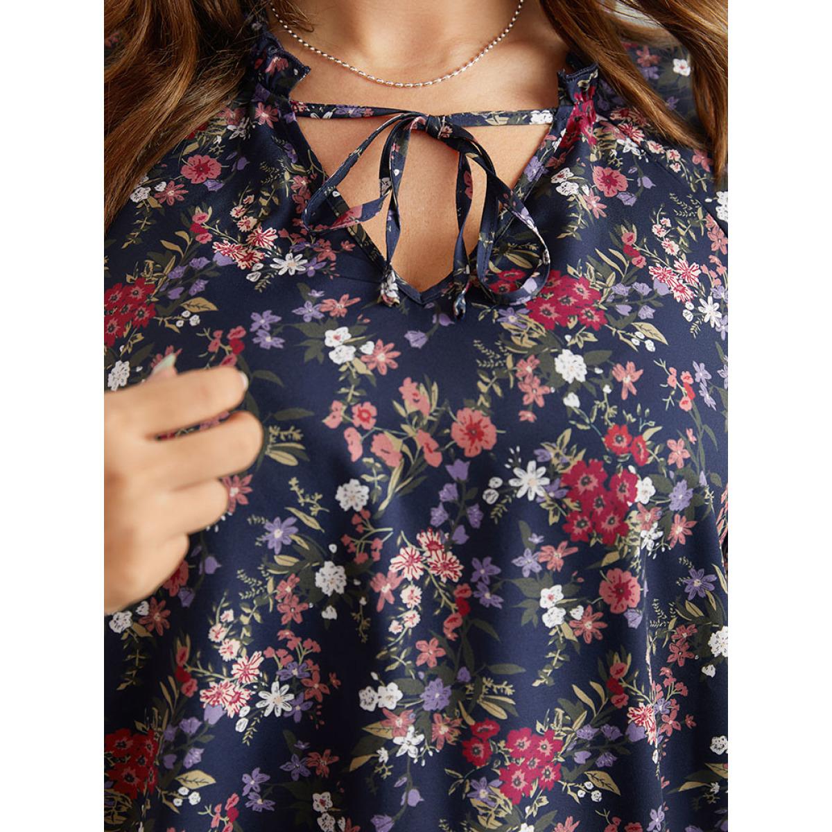 Plus Size Indigo Ditsy Floral Tie Neck Elastic Cuffs Blouse Women Elegant Elbow-length sleeve Tie Neck Dailywear Blouses BloomChic 30/6X Product Image