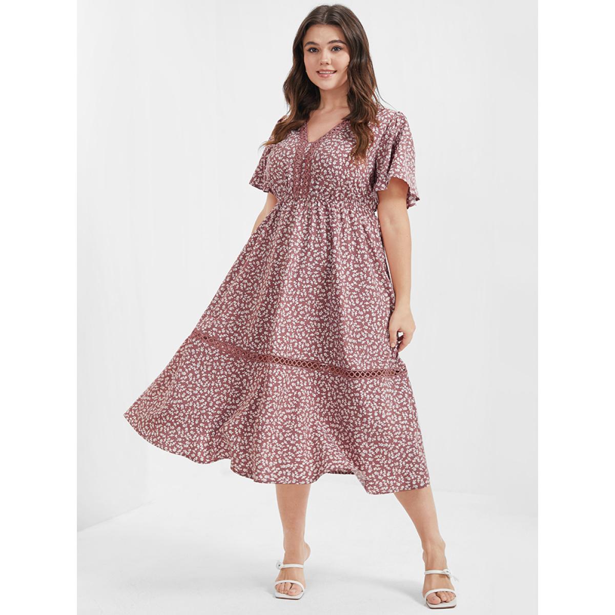 Plus Size Ditsy Floral Crochet Lace Ruffled Midi Dress Pink Women Elegant Patchwork V-neck Short sleeve Curvy Midi Dress BloomChic 10/M Product Image