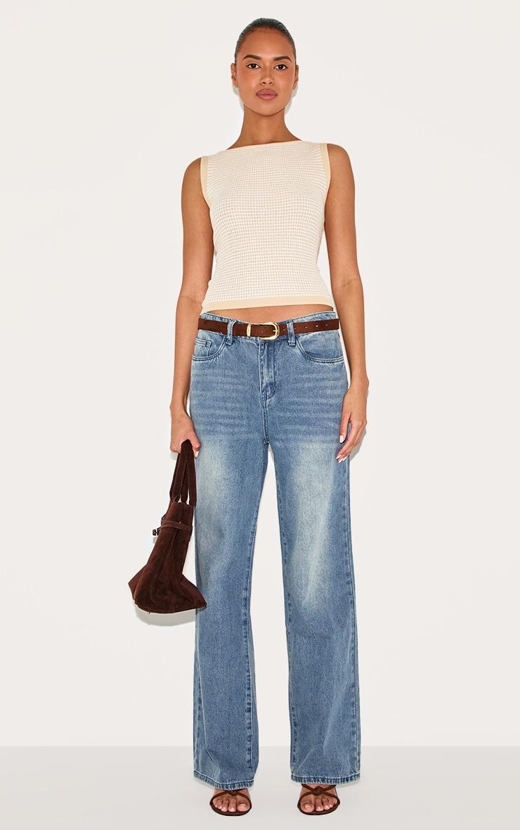 Beige Stripe Waffle Knit Boat Neck Top Product Image