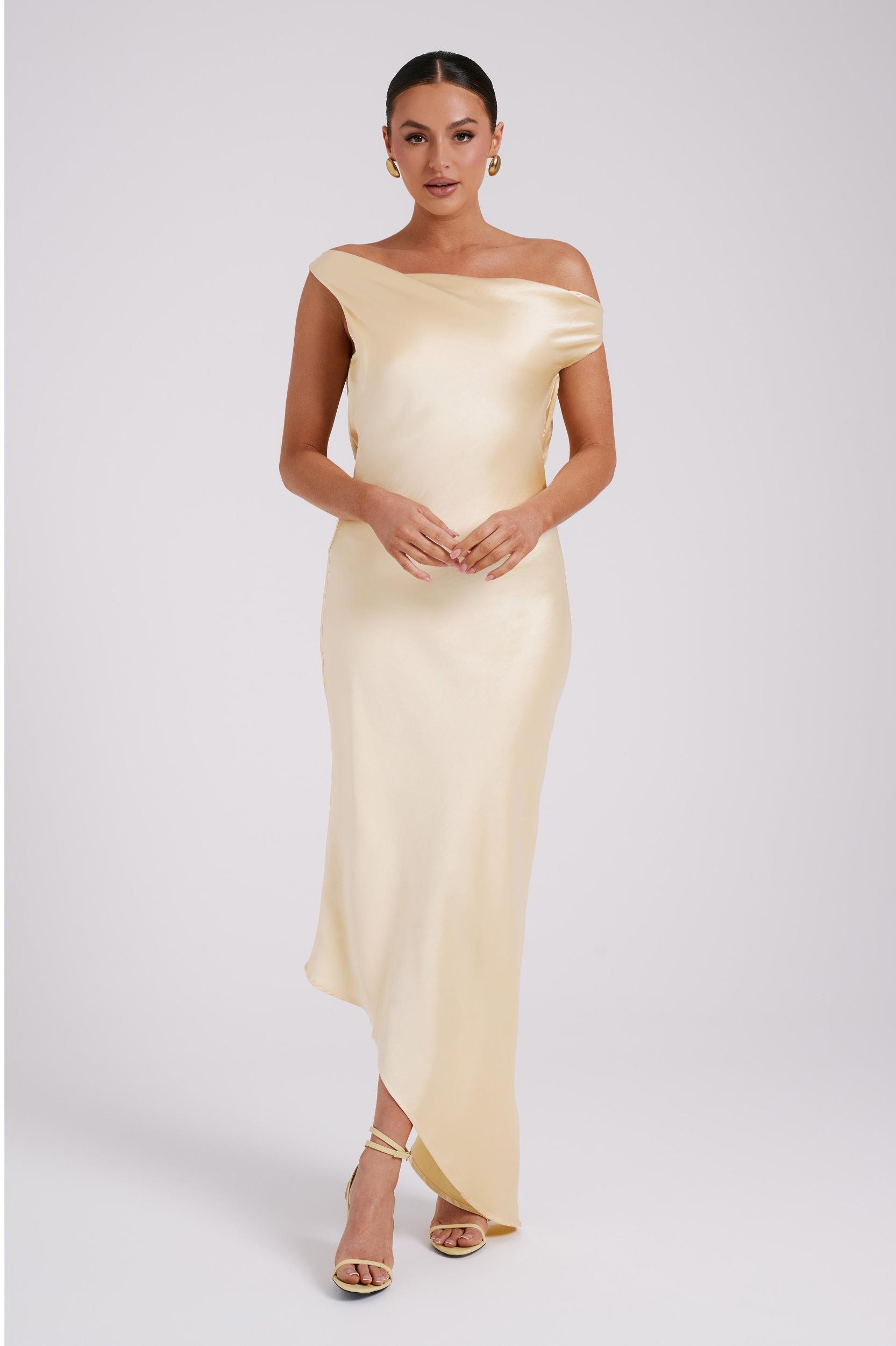 Yvette Slip Maxi Dress With Asymmetrical Hem - Butter Product Image