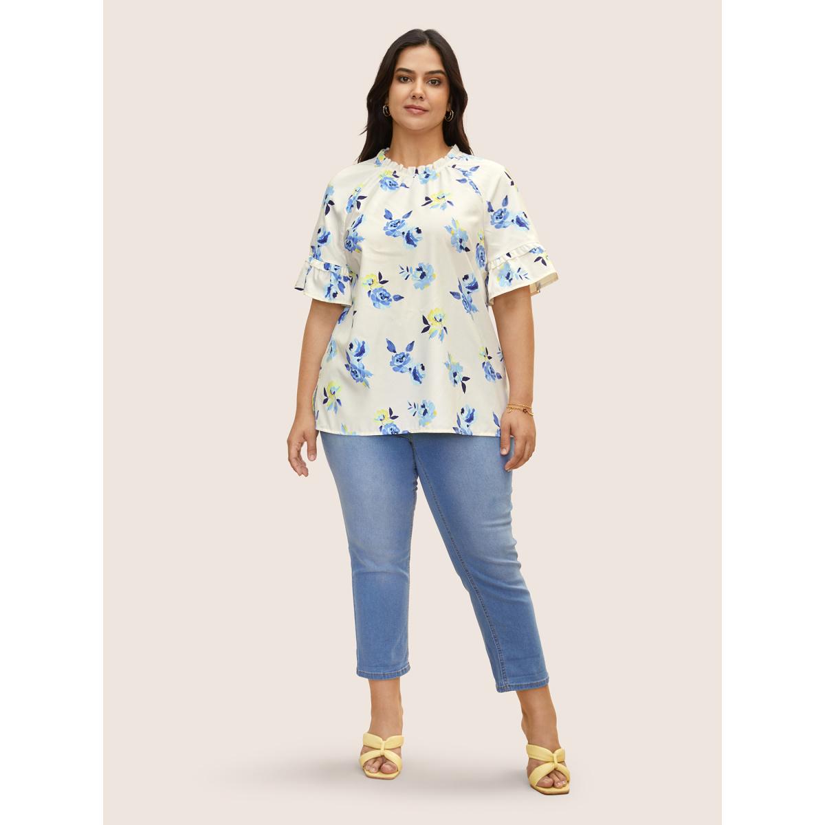 Plus Size Ivory Lace Collar Boho Print Ruffle Sleeve Blouse Women Elegant Short sleeve Lace collar Everyday Blouses BloomChic 28/5X Product Image