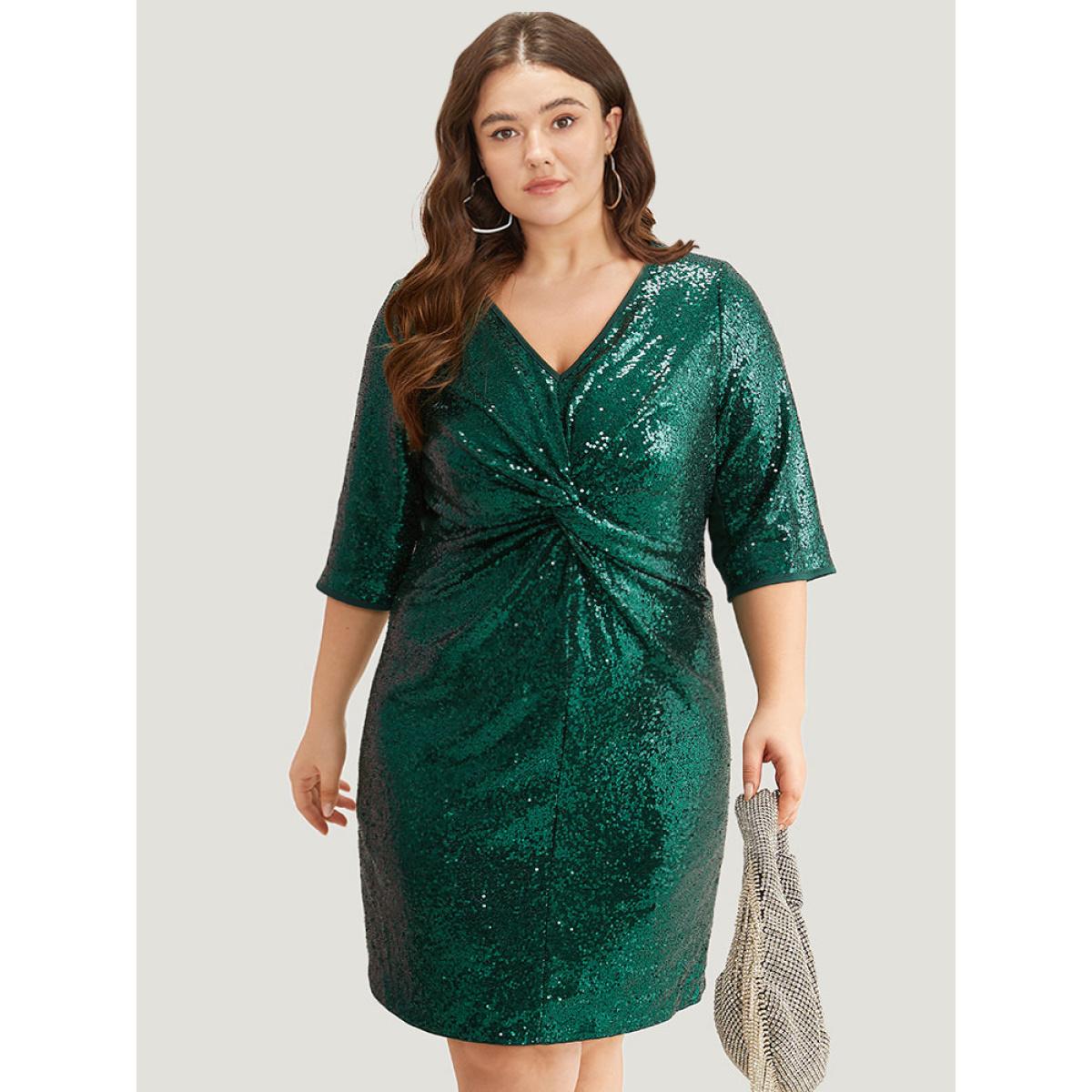 Plus Size Sequin Twist Front V Neck Dress DarkGreen Women Party Plain V-neck Short sleeve Curvy Knee Dress BloomChic 18-20/2X Product Image