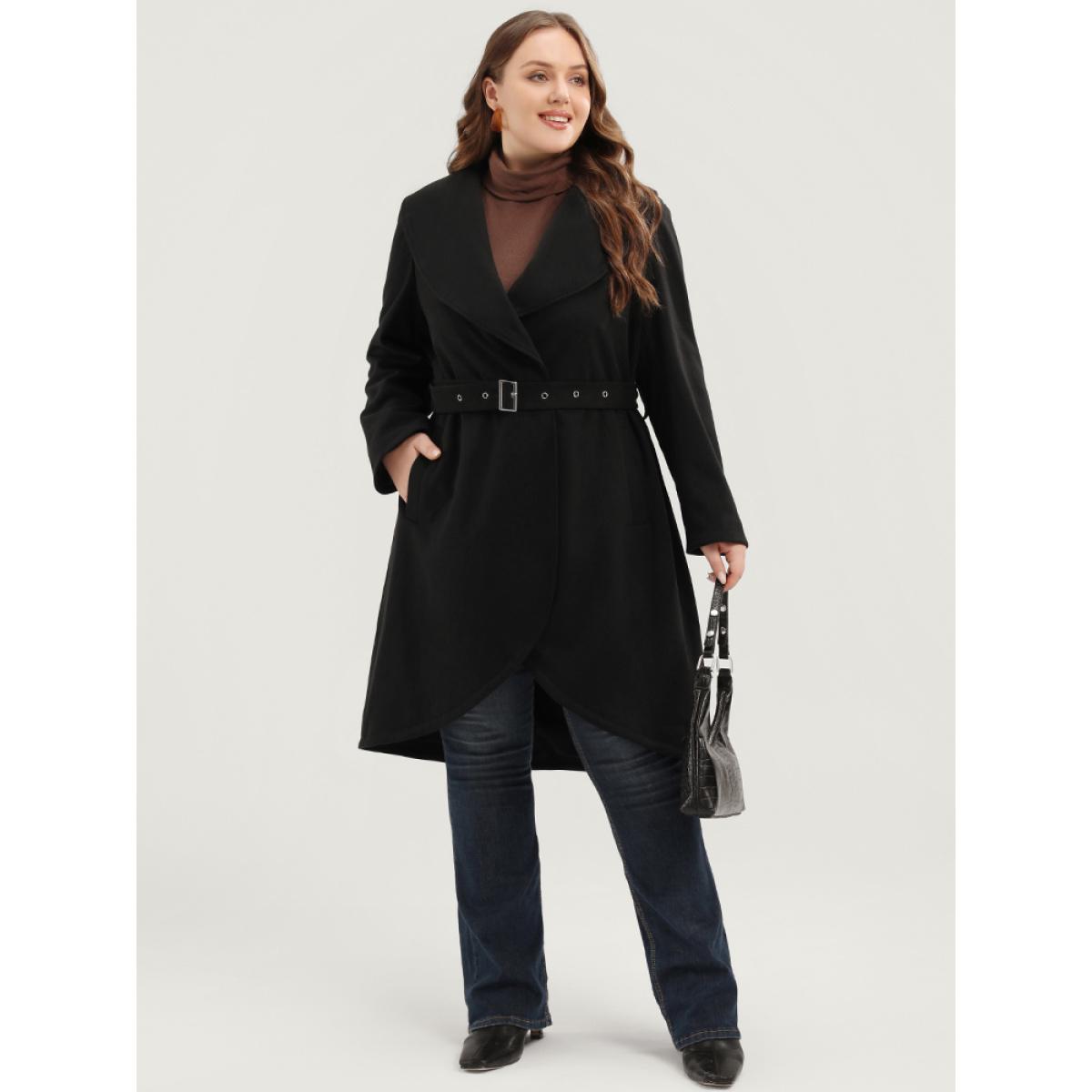 Plus Size Solid Lapel Collar Pocket Belted Open Front Coat Women Black Elegant Belted Ladies Dailywear Winter Coats BloomChic 18-20/2X Product Image
