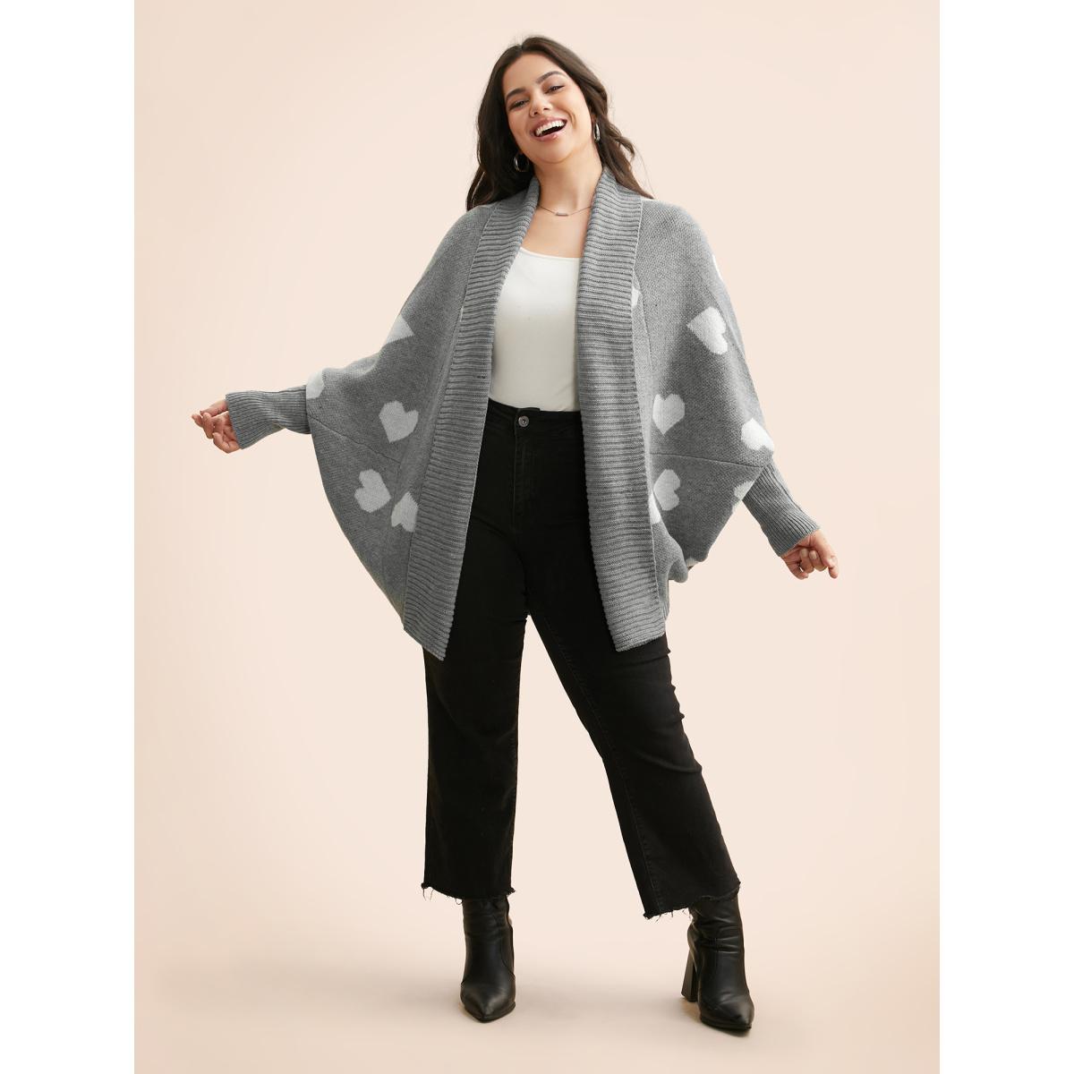 Plus Size Lapel Collar Heart Shaped Cardigan Mediumgray Women Casual Oversized Long Sleeve Everyday Cardigans BloomChic 18-20/2X Product Image