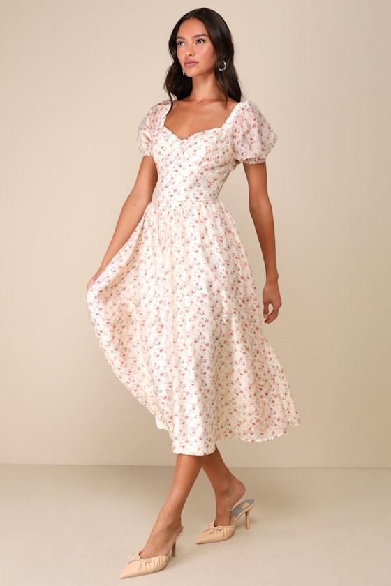 Effortless Ideal Ivory Floral Puff Sleeve Lace-Up Midi Dress Product Image