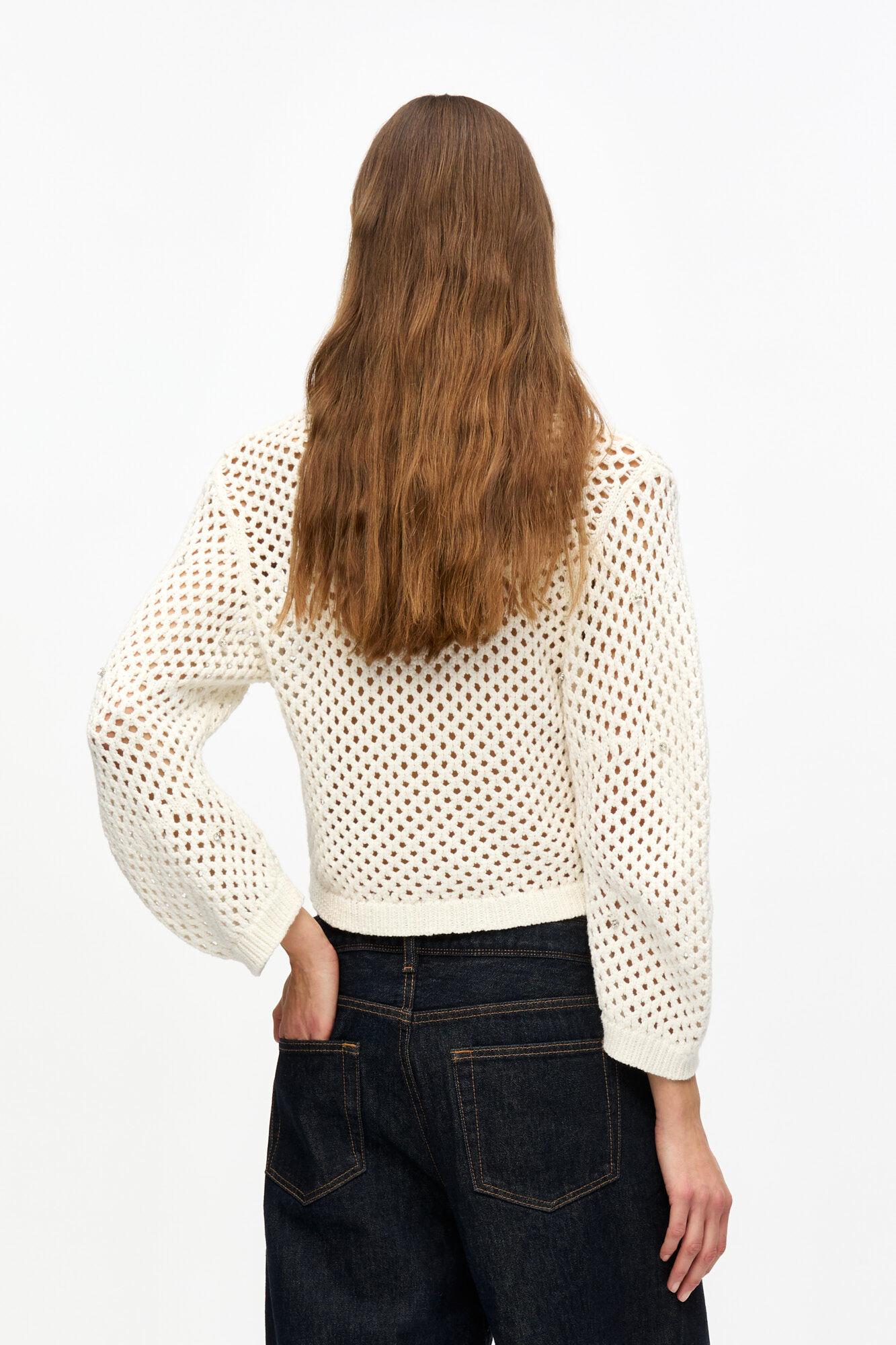 Ivory Rhinestone Cotton Pointelle Cardigan Product Image