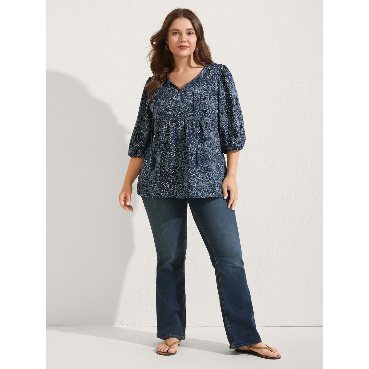 Plus Size Indigo Boho Print Neck Tie Lantern Sleeve Blouse Women Boho Elbow-length sleeve Notched collar Vacation Blouses BloomChic 30/6X Product Image
