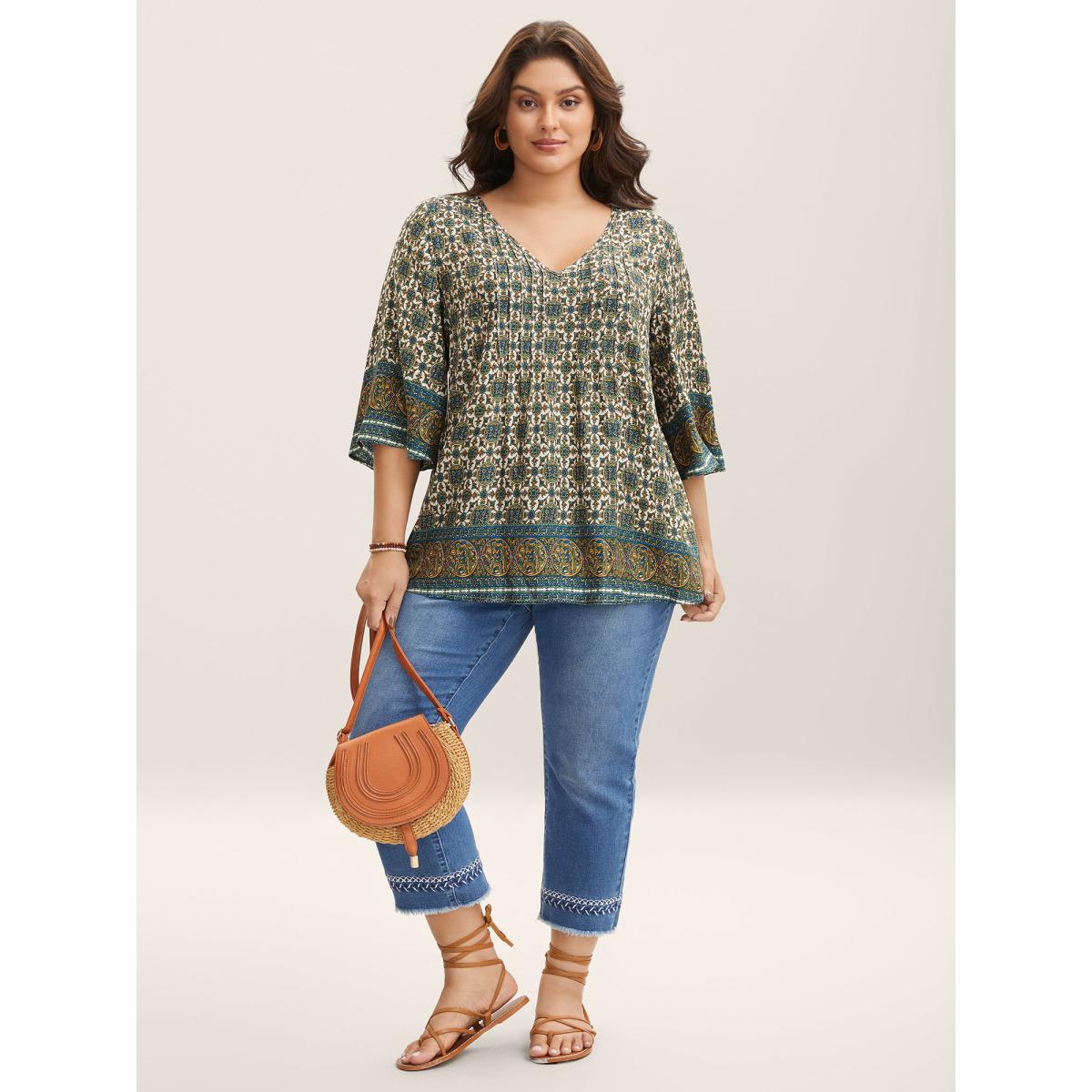 Plus Size Multicolor Pin-Tuck Pleat Ornate Print Relaxed Fit Shirt Women Boho Elbow-length sleeve V-neck Vacation Blouses BloomChic 18-20/2X Product Image