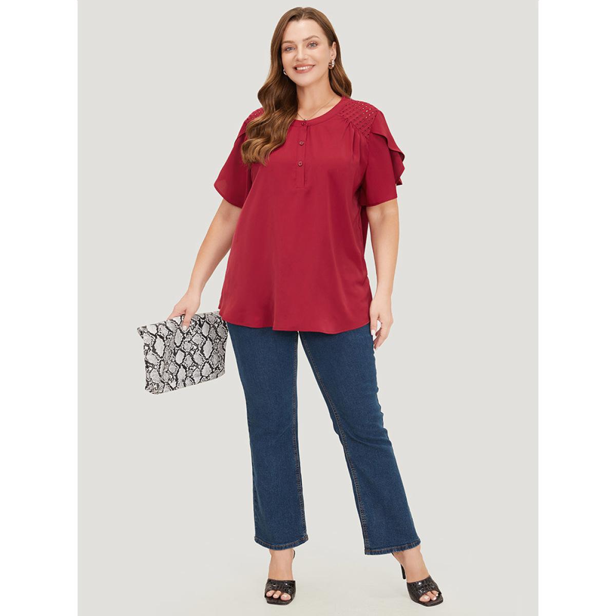 Plus Size Burgundy Plain Patchwork Cut Out Petal Sleeve Blouse Women Office Short sleeve Round Neck Work Blouses BloomChic 28/5X Product Image