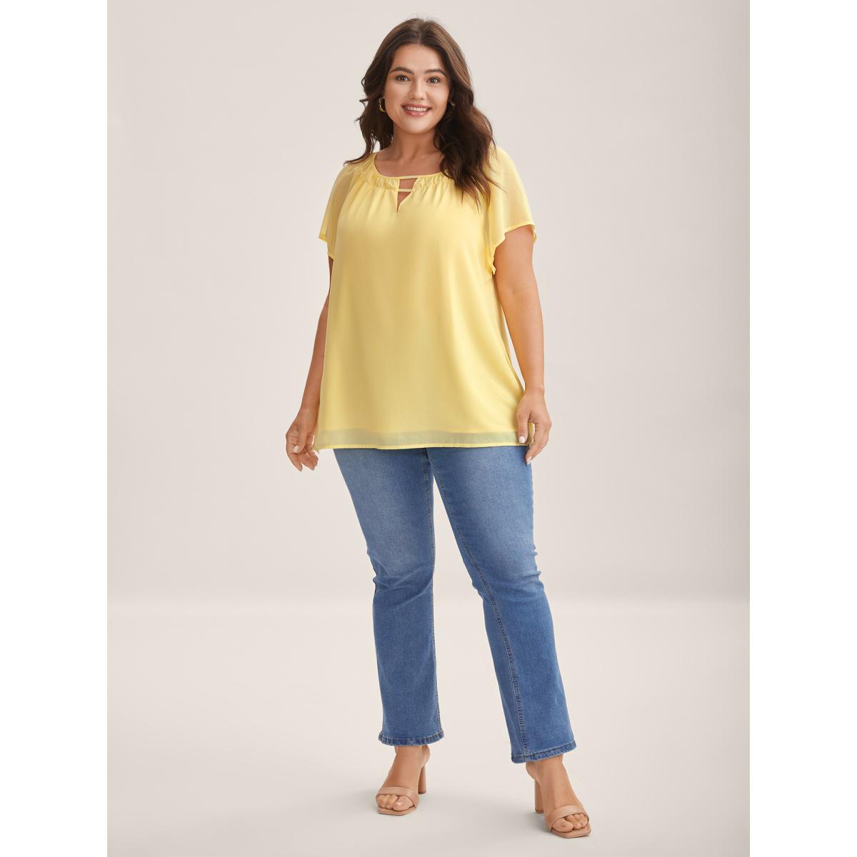 Plus Size Lightyellow Sheer Lined Neck Cut-Out Blouse Women Cap Sleeve Boat Neck Everyday-Elegant Blouses BloomChic 14-16/1X Product Image