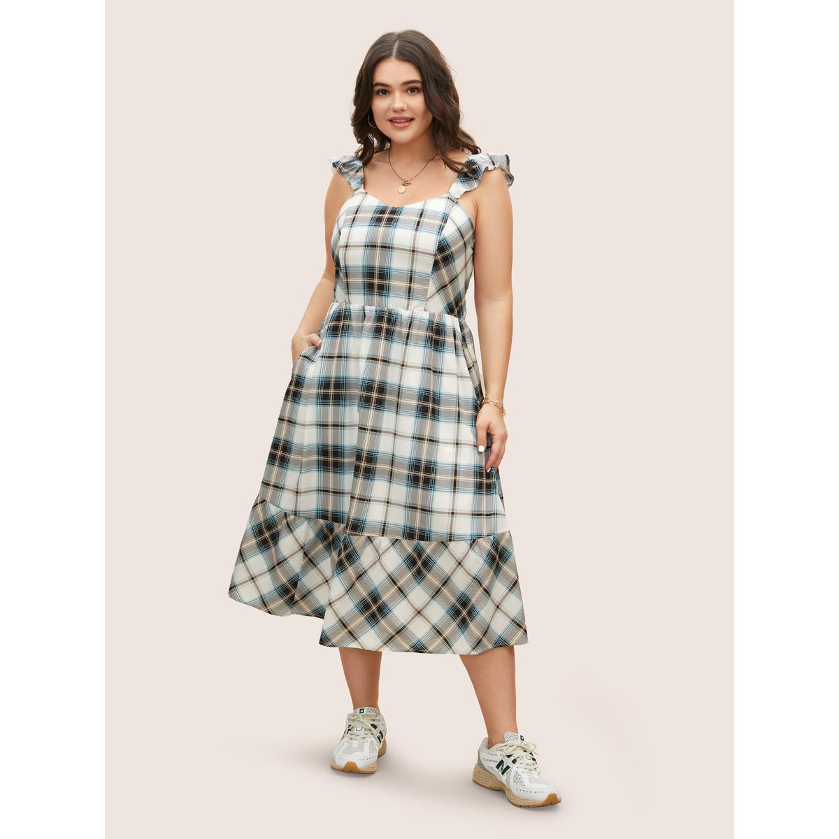 Plus Size Plaid Ruffle Trim Patchwork Hem Dress LightBlue Women Casual Shirred Non Sleeveless Curvy BloomChic 10/M Product Image