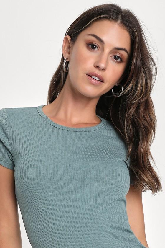 Essential Trend Sage Blue Pointelle Knit Short Sleeve Top Product Image