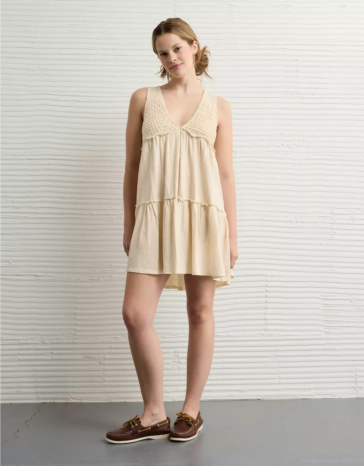 AE Sunchaser Knit V-Neck Crochet Mini Dress Product Image