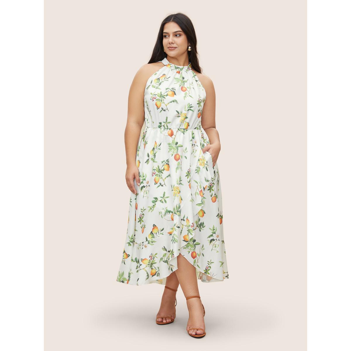 Plus Size Citrus Lemon Print Elastic Waist Halter Neck Dress Ivory Women Elegant Non Halter neck Sleeveless Curvy Midi Dress BloomChic 12/L Product Image