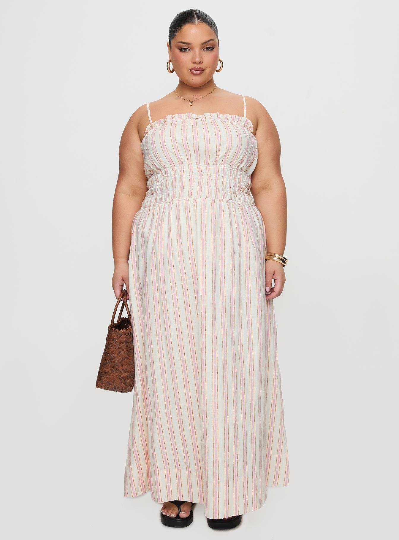 Persephone Shirring Linen Maxi Dress Pink Stripe Curve Product Image