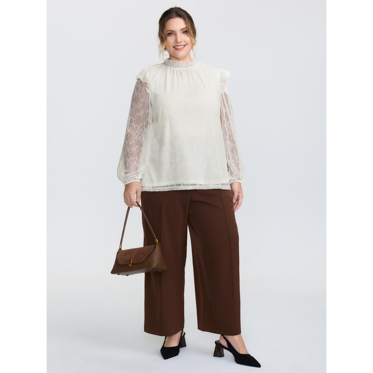 Plus Size Ivory Pleated Lace Mock Neckline Sheer Blouse Women Romantic Long Sleeve Mock Neck Elegant Blouses BloomChic 12/L Product Image