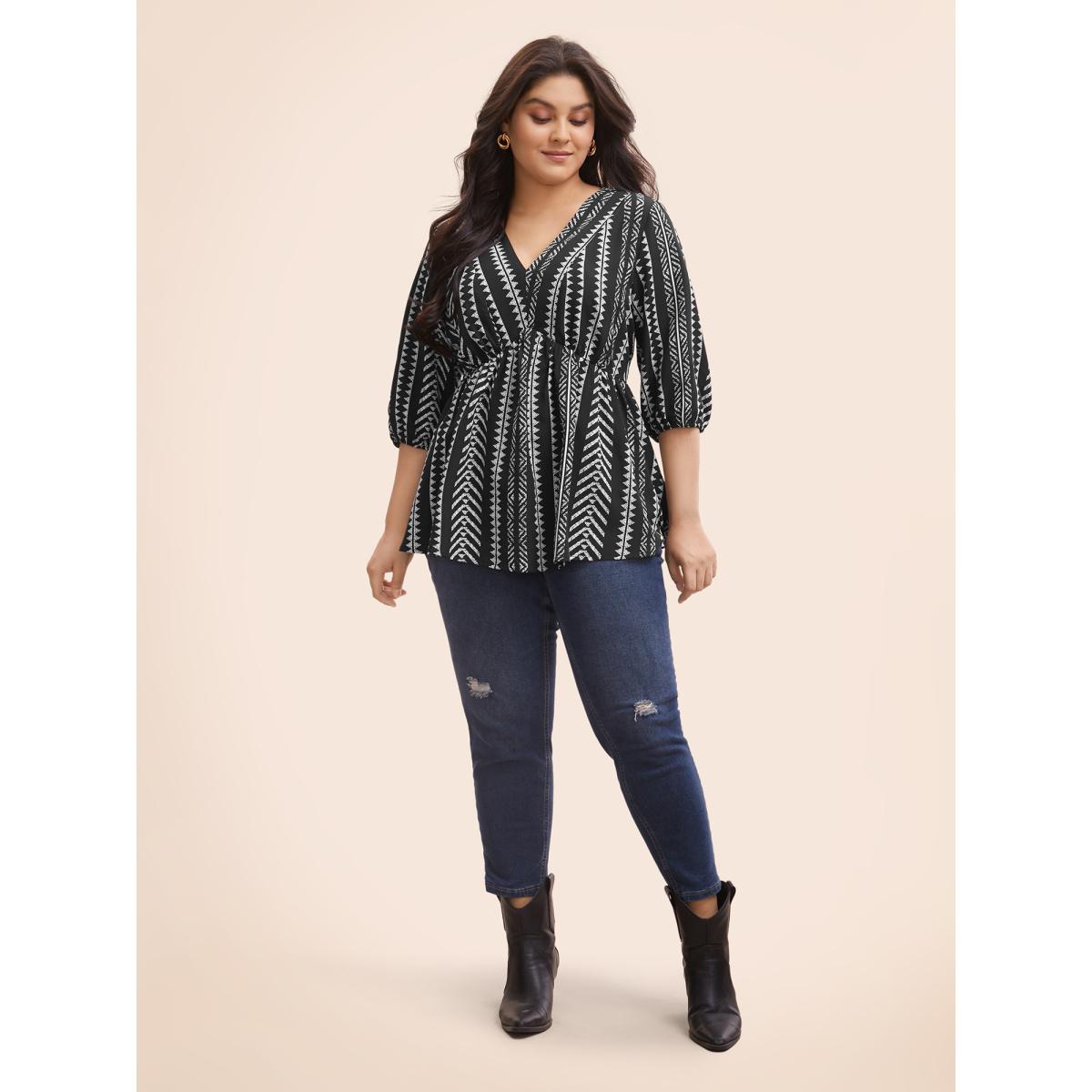 Plus Size Black Bandana Geometric Lantern Sleeve Gathered Blouse Women Boho Elbow-length sleeve V-neck Vacation Blouses BloomChic 30/6X Product Image