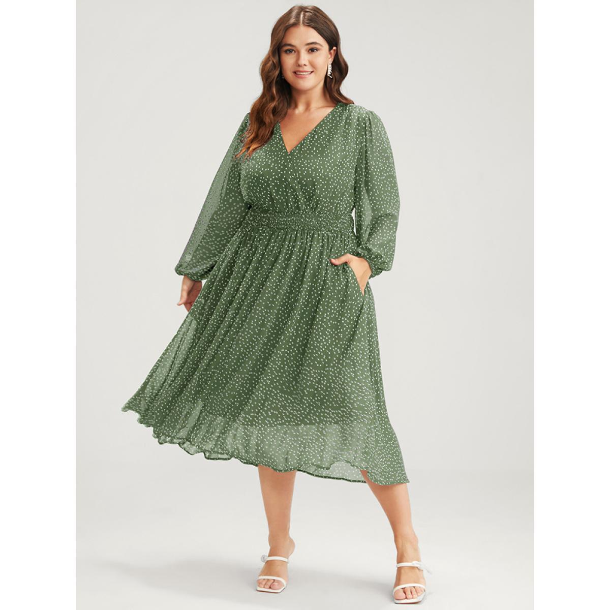 Plus Size Polka Dot Lantern Sleeve Pocket Shirred Flutter Dress Mint Women Elegant Pocket V-neck Short sleeve Curvy Midi Dress BloomChic 10/M Product Image