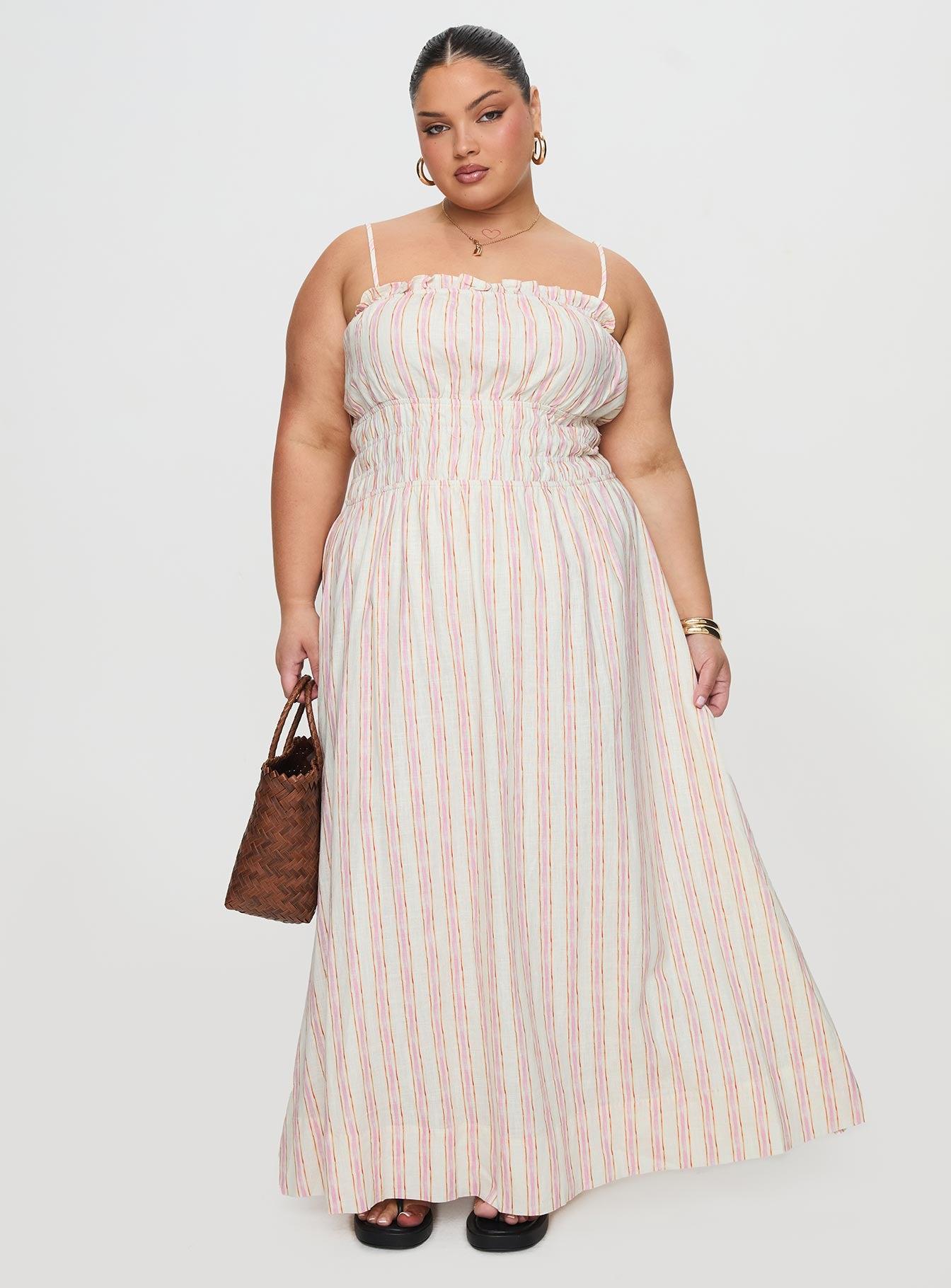 Persephone Shirring Linen Maxi Dress Pink Stripe Curve Product Image