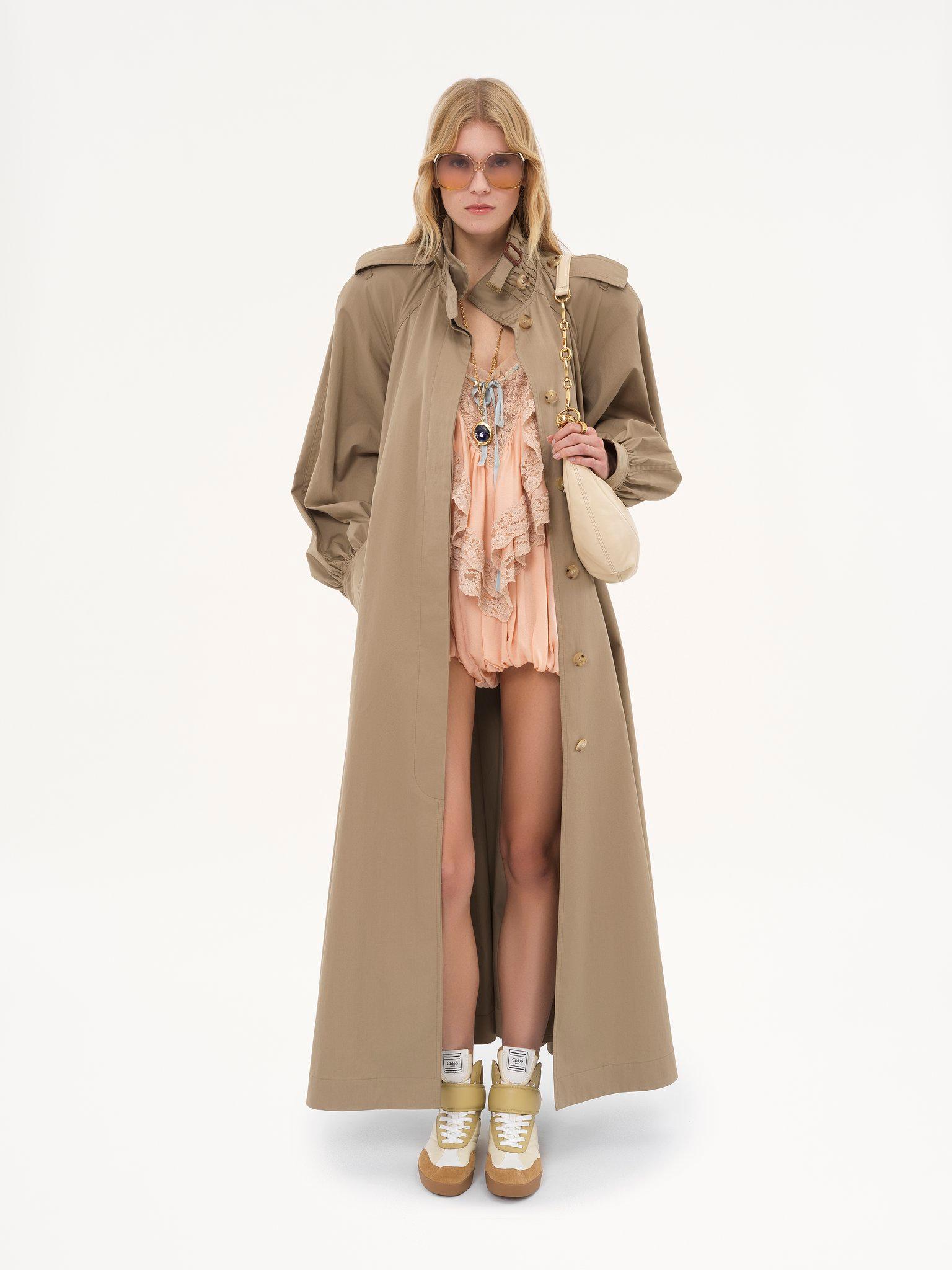 High-neck long trench coat in cotton gabardine Product Image