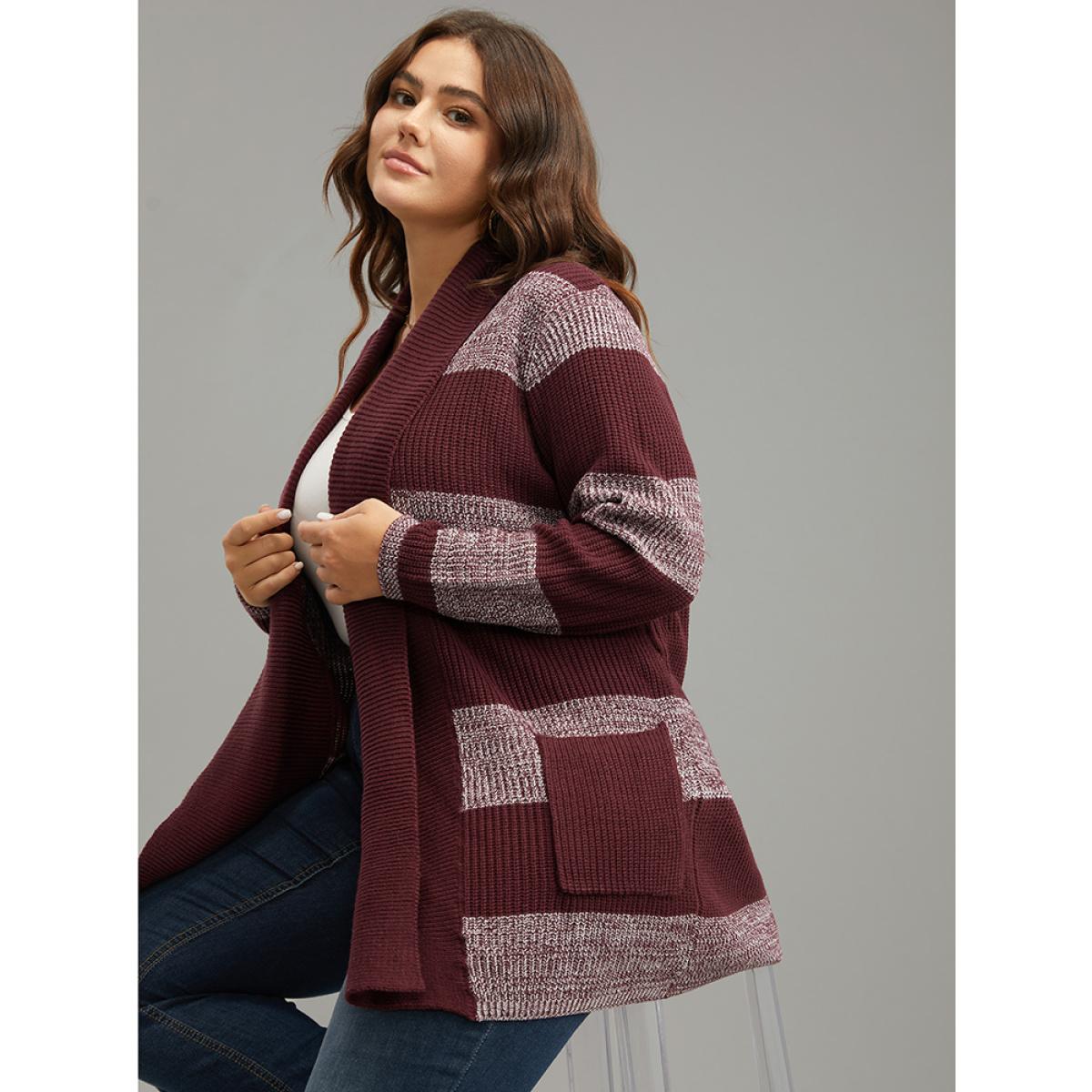 Plus Size Colorblock Heather Belted Pocket Cardigan Burgundy Women Casual Loose Long Sleeve Dailywear Cardigans BloomChic 14-16/1X Product Image