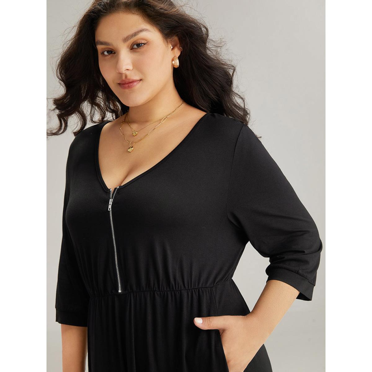 Plus Size Plain Pocket Elastic Waist Zipper Dress Black Women Office Plain V-neck Elbow-length sleeve Curvy Midi Dress BloomChic 14-16/1X Product Image