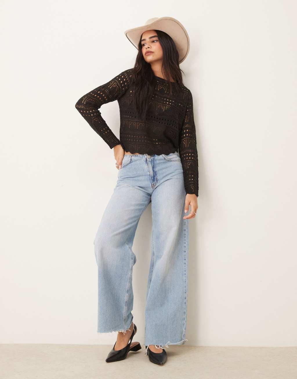 JDY boatneck broderie long sleeve top in black Product Image