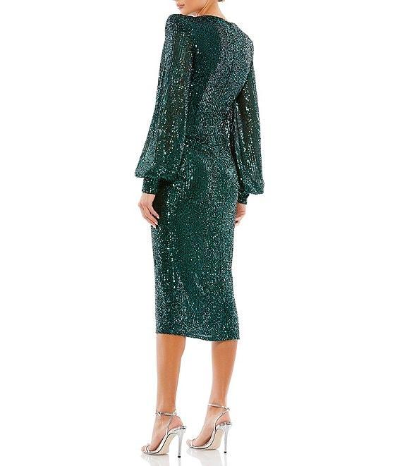 Mac Duggal Plunge V-Neck Long Bishop Sleeve Sequin Sheath Midi Dress Product Image