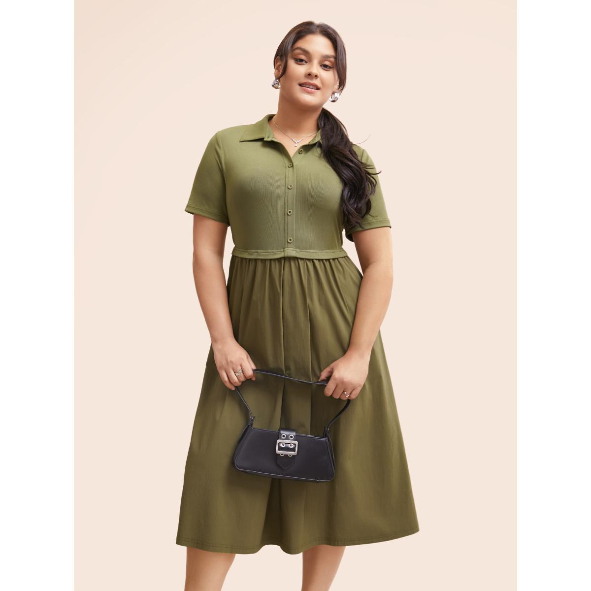 Plus Size Stretch Woven Waist-Cinching Midi Dress Olive Women Work From Home Patchwork Shirt collar Short sleeve Curvy BloomChic 18-20/2X Product Image
