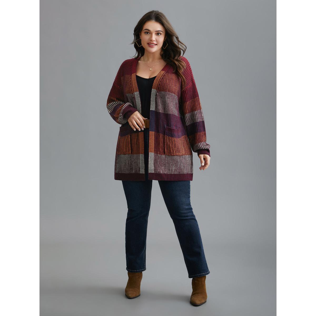 Plus Size Front-Open Color Block Knit Cardigan Multicolor Women Casual Loose Long Sleeve Everyday Cardigans BloomChic 30/6X Product Image